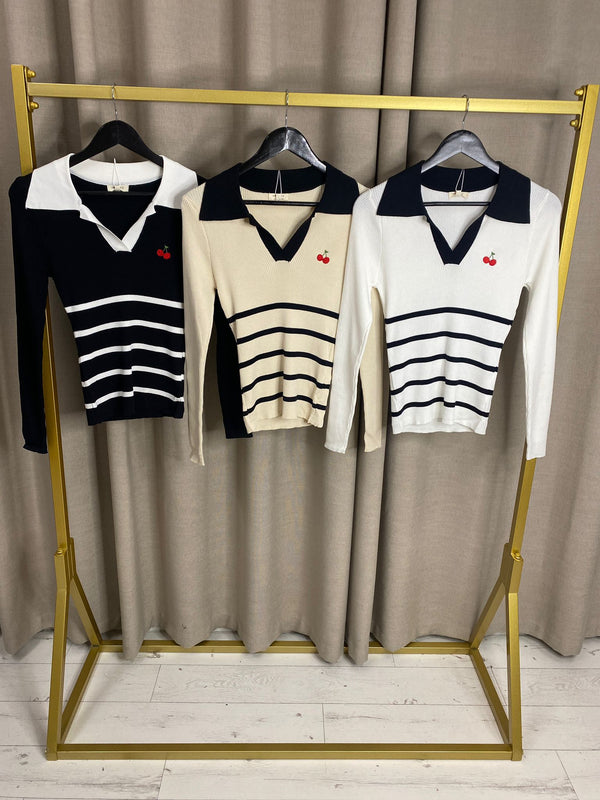 Andraa Cherry Embroidered Collared Stripe Ribbed Top